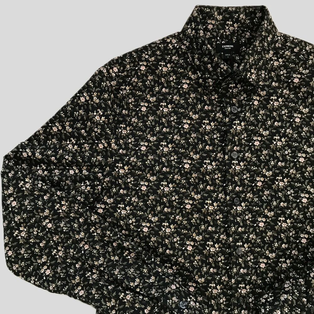 Express Black Floral Long Sleeve Cotton Slim Fit Shirt Mens Size S